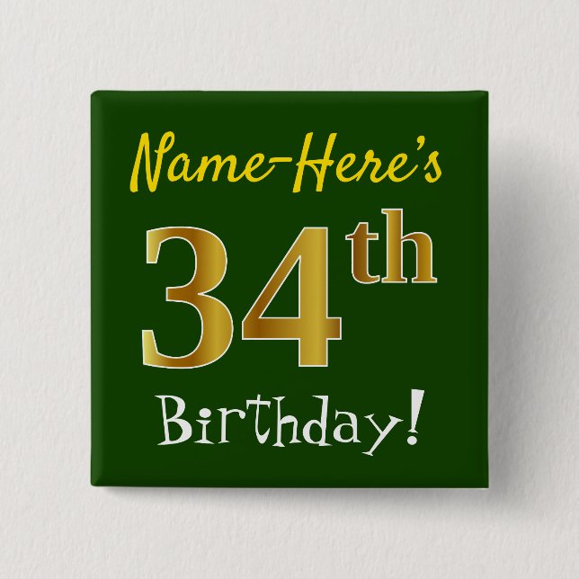 Chapa Cuadrada Green, Faux Gold 34th Birthday, With Custom Name (Anverso)