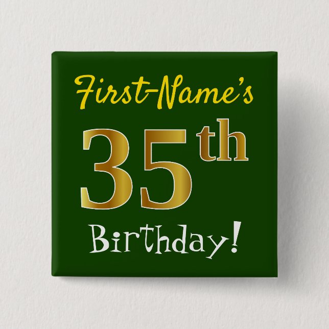 Chapa Cuadrada Green, Faux Gold 35th Birthday, con nombre persona (Anverso)