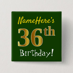 Chapa Cuadrada Green, Faux Gold 36th Birthday, con nombre persona