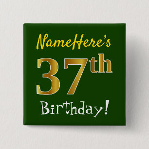 Chapa Cuadrada Green, Faux Gold 37th Birthday, con nombre persona