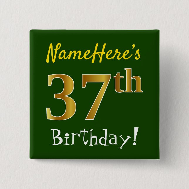 Chapa Cuadrada Green, Faux Gold 37th Birthday, con nombre persona (Anverso)