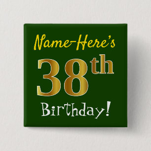 Chapa Cuadrada Green, Faux Gold 38th Birthday, con nombre persona