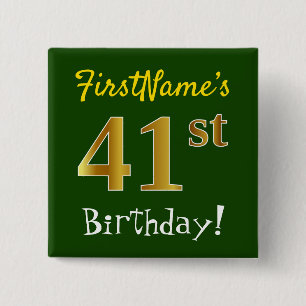 Chapa Cuadrada Green, Faux Gold 41st Birthday, con nombre persona