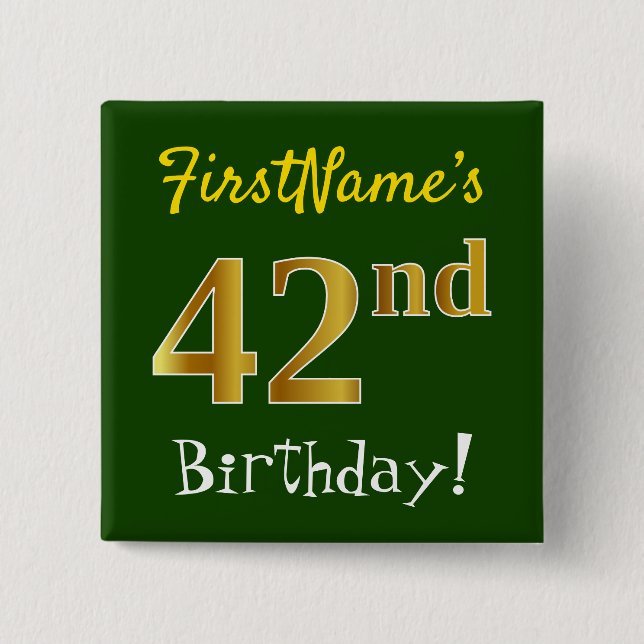 Chapa Cuadrada Green, Faux Gold 42nd Birthday, con nombre persona (Anverso)