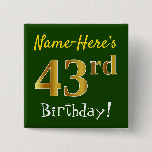 Chapa Cuadrada Green, Faux Gold 43rd Birthday, con nombre persona