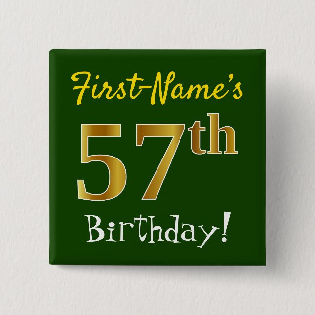 Chapa Cuadrada Green, Faux Gold 57th Birthday, con nombre persona (Anverso)