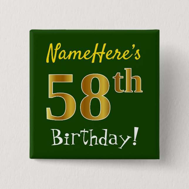 Chapa Cuadrada Green, Faux Gold 58th Birthday, con nombre persona (Anverso)