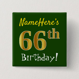 Chapa Cuadrada Green, Faux Gold 66th Birthday, con nombre persona