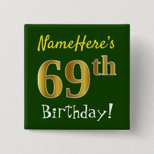 Chapa Cuadrada Green, Faux Gold 69th Birthday, con nombre persona