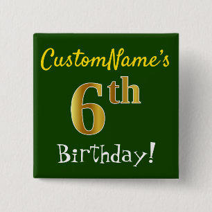 Chapa Cuadrada Green, Faux Gold 6Cumpleaños, Con Nombre Personali