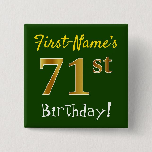 Chapa Cuadrada Green, Faux Gold 71st Birthday, con nombre persona (Anverso)