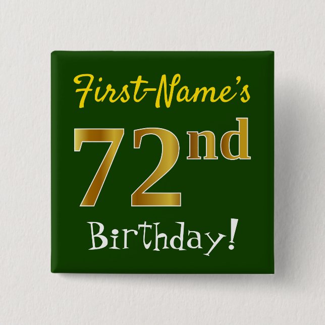 Chapa Cuadrada Green, Faux Gold 72nd Birthday, con nombre persona (Anverso)