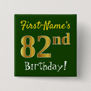Chapa Cuadrada Green, Faux Gold 82nd Birthday, con nombre persona