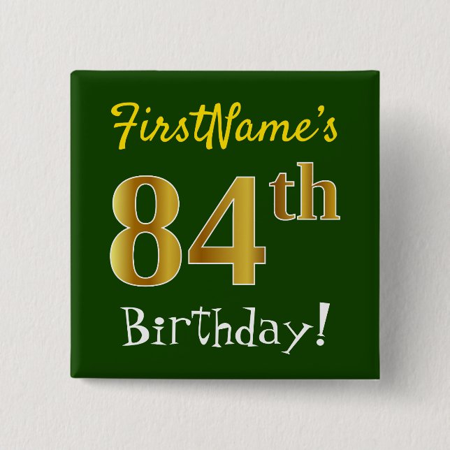Chapa Cuadrada Green, Faux Gold 84th Birthday, With Custom Name (Anverso)