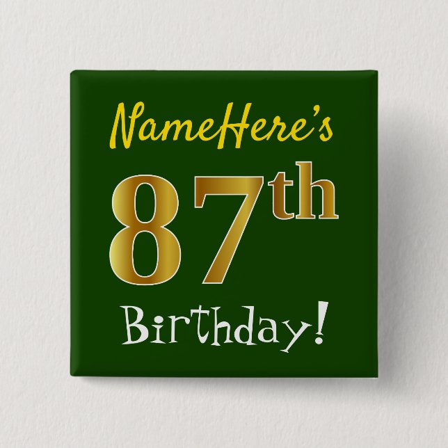 Chapa Cuadrada Green, Faux Gold 87th Birthday, con nombre persona (Anverso)