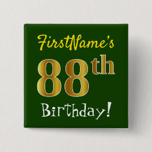 Chapa Cuadrada Green, Faux Gold 88th Birthday, con nombre persona