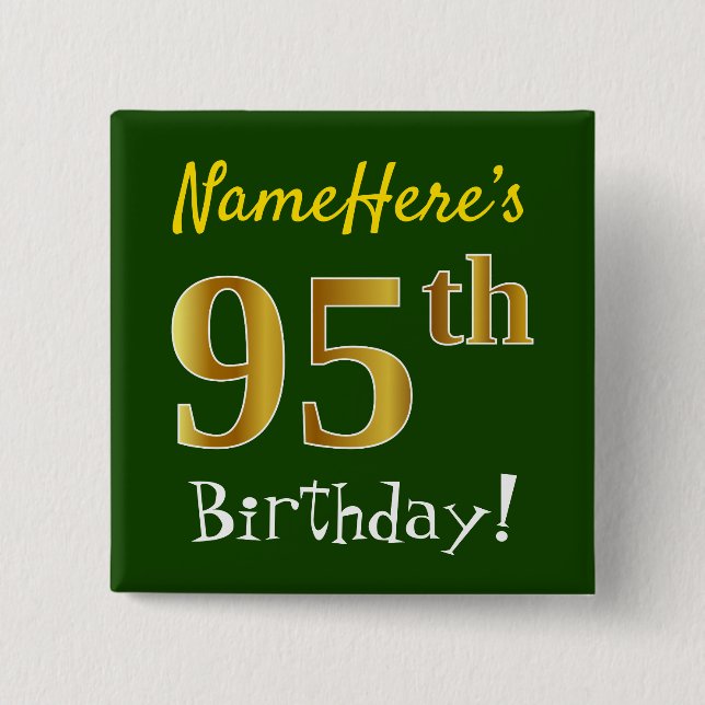 Chapa Cuadrada Green, Faux Gold 95th Birthday, con nombre persona (Anverso)