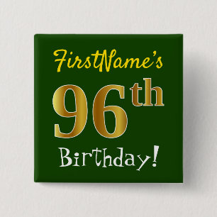 Chapa Cuadrada Green, Faux Gold 96th Birthday, con nombre persona