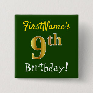 Chapa Cuadrada Green, Faux Gold 9Cumpleaños, Con Nombre Personali