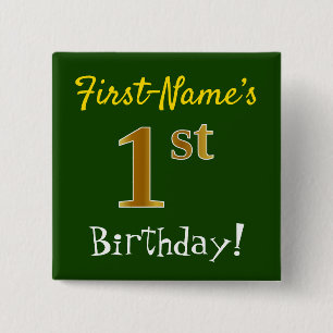 Chapa Cuadrada Green, Faux Gold Primer Cumpleaños, Con Nombre Per