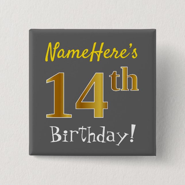 Chapa Cuadrada Gris, Faux Gold 14th Birthday, con nombre personal (Anverso)