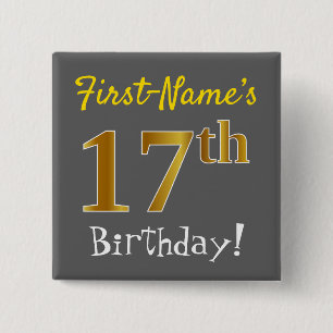 Chapa Cuadrada Gris, Faux Gold 17th Birthday, con nombre personal