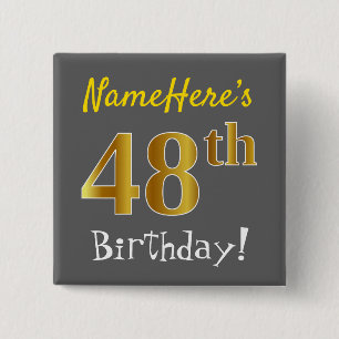 Chapa Cuadrada Gris, Faux Gold 48th Birthday, con nombre personal