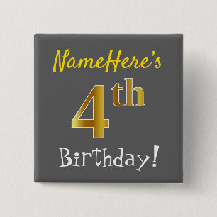 Chapa Cuadrada Gris, Faux Gold 4Cumpleaños, Con Nombre Personaliz