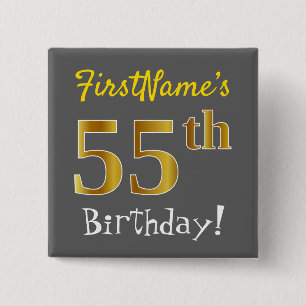Chapa Cuadrada Gris, Faux Gold 55th Birthday, con nombre personal
