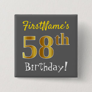 Chapa Cuadrada Gris, Faux Gold 58th Birthday, con nombre personal