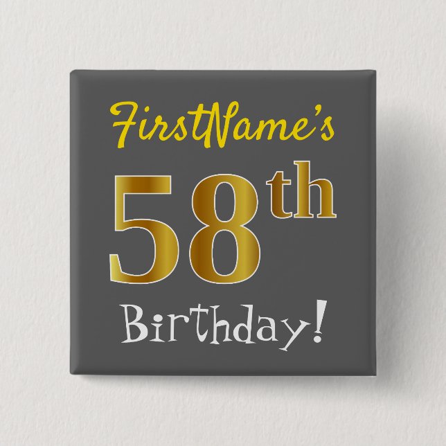 Chapa Cuadrada Gris, Faux Gold 58th Birthday, con nombre personal (Anverso)