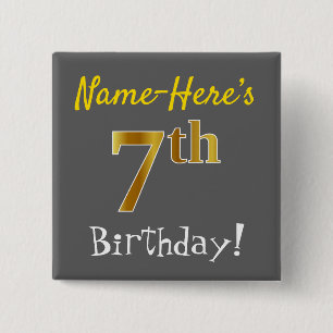 Chapa Cuadrada Gris, Faux Gold 7Cumpleaños, Con Nombre Personaliz