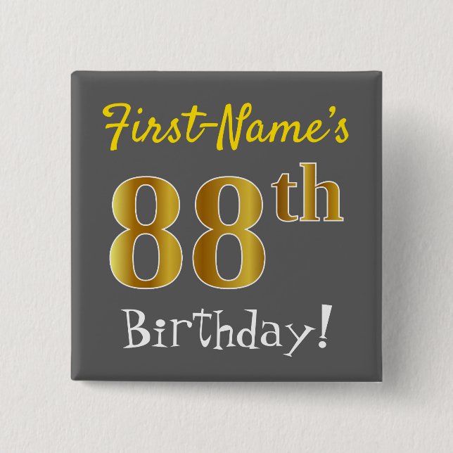 Chapa Cuadrada Gris, Faux Gold 88th Birthday, con nombre personal (Anverso)