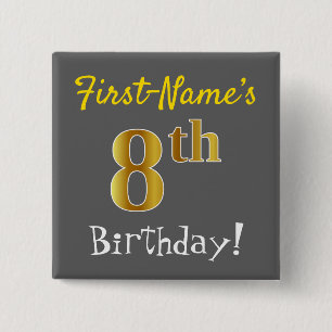 Chapa Cuadrada Gris, Faux Gold 8Cumpleaños, Con Nombre Personaliz