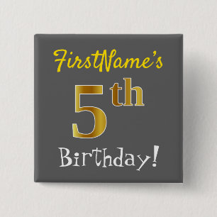 Chapa Cuadrada Gris, Faux Gold Quinto Cumpleaños, Con Nombre Pers