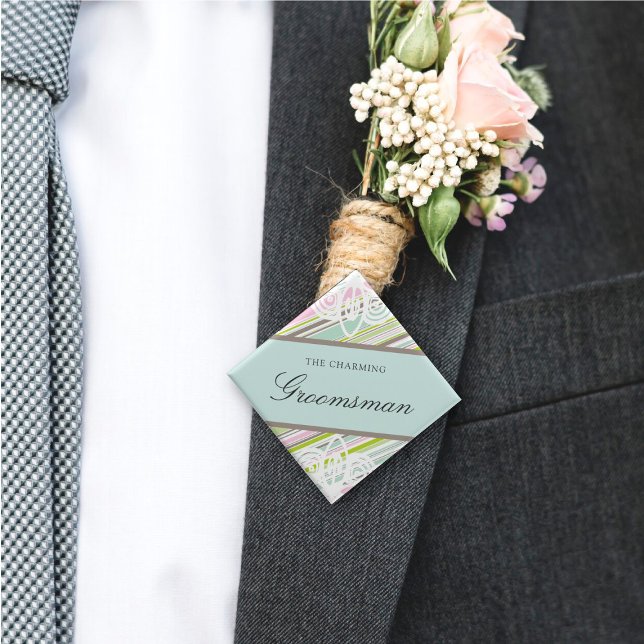 Chapa Cuadrada GROOMSMAN Sweet Garden Stripes Boda Etiqueta de no (GROOMSMAN Sweet Garden Pastel Stripes Chic Wedding Rehearsal Pin Button @ fatfatin)