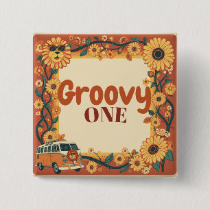 Chapa Cuadrada Groovy Cumpleaños León Retro 70s Primer Cumpleaños