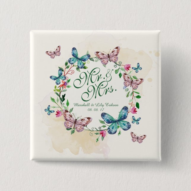 Chapa Cuadrada Guirnalda personalizada de la mariposa que casa el (Anverso)