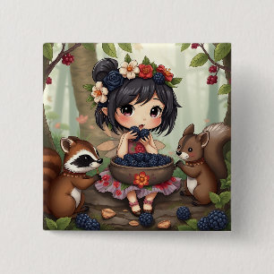 Chapa Cuadrada Hada Chibi Comiendo Moras con Amigos del Bosque