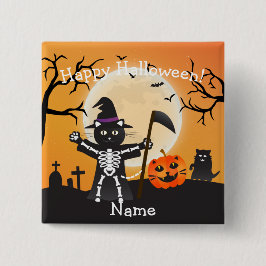 Chapa Cuadrada Halloween Cat Grim Reaper
