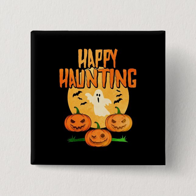Chapa Cuadrada Halloween Happy Haunting (Anverso)