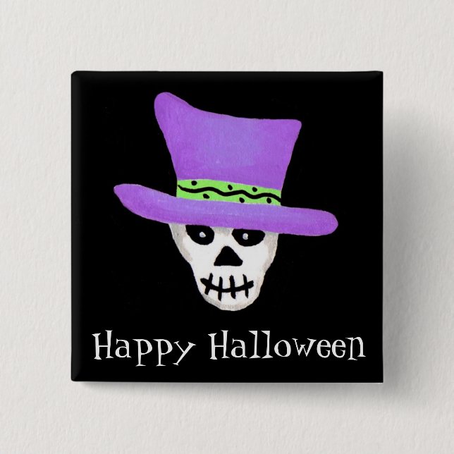 Chapa Cuadrada Halloween Whimsy Skeleton Skull Feliz Halloween (Anverso)
