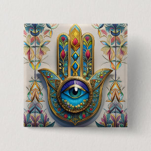 Chapa Cuadrada Hamsa de tercer ojo azul-verde con filigrana color