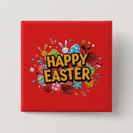 Chapa Cuadrada Happy Easter Colorful Bunny & Eggs Pin