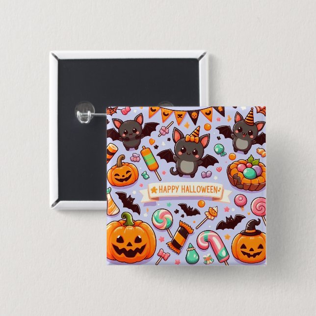 Chapa Cuadrada Happy halloween cute bats candy (Anverso y reverso)