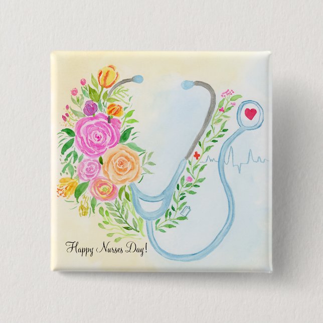 Chapa Cuadrada Happy Nurses Day Floral Stethoscope Appreciation (Anverso)