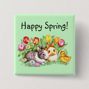 Chapa Cuadrada Happy Spring Bunny Chick Tulip Pin - Plantilla