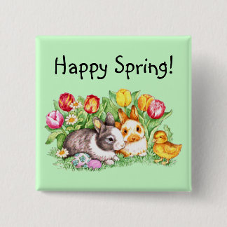Chapa Cuadrada Happy Spring Bunny Chick Tulip Pin - Plantilla