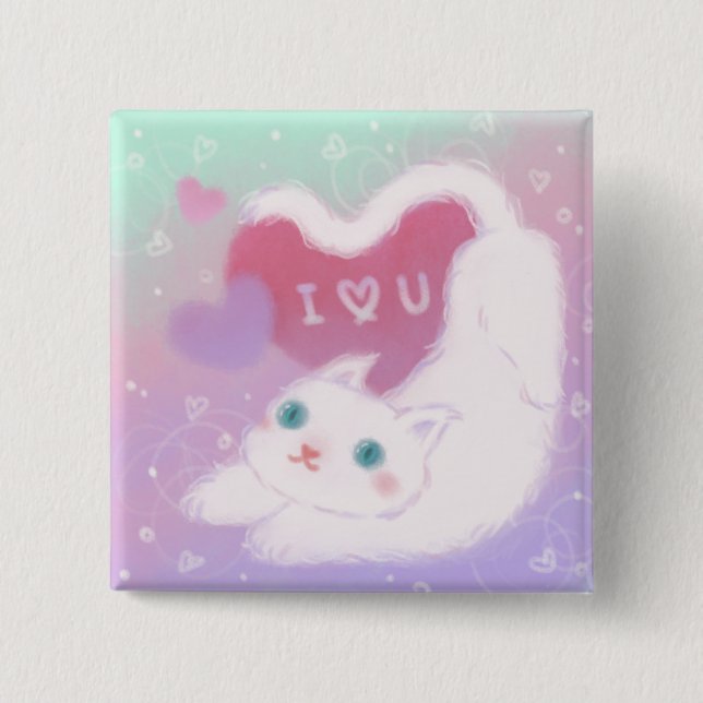 Chapa Cuadrada Happy Valentine's Day with Fluffy White Cat (Anverso)