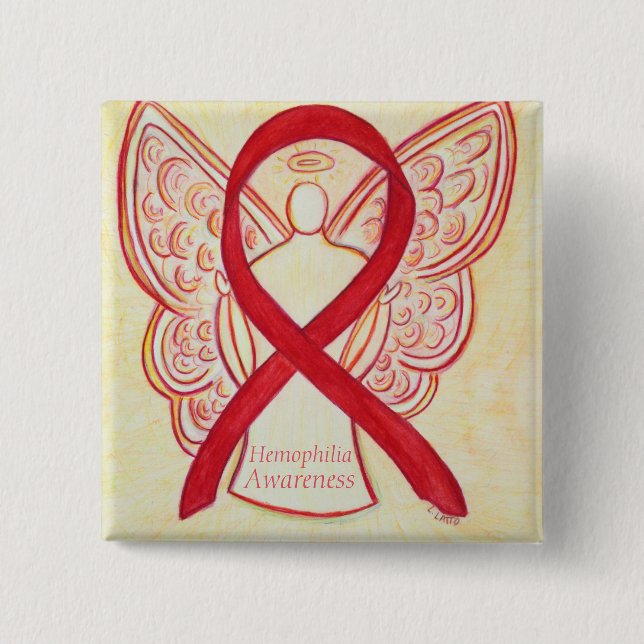 Chapa Cuadrada Hemophilia Angel Red Awareness Ribbon Art Pin (Anverso)